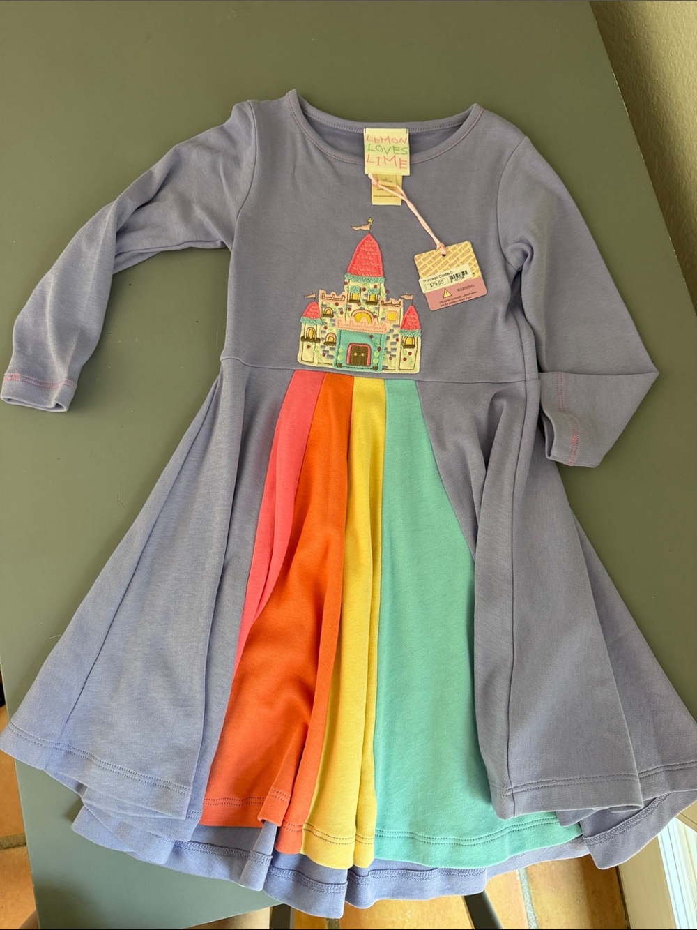 Lemon Loves Lime Lavender Dress with Rainbow Panel Skirt and Castle Applique